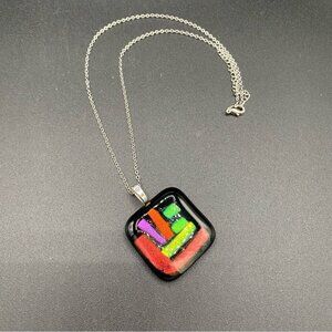 Eccentric Art Glass Neon Colored Square Pendant Necklace